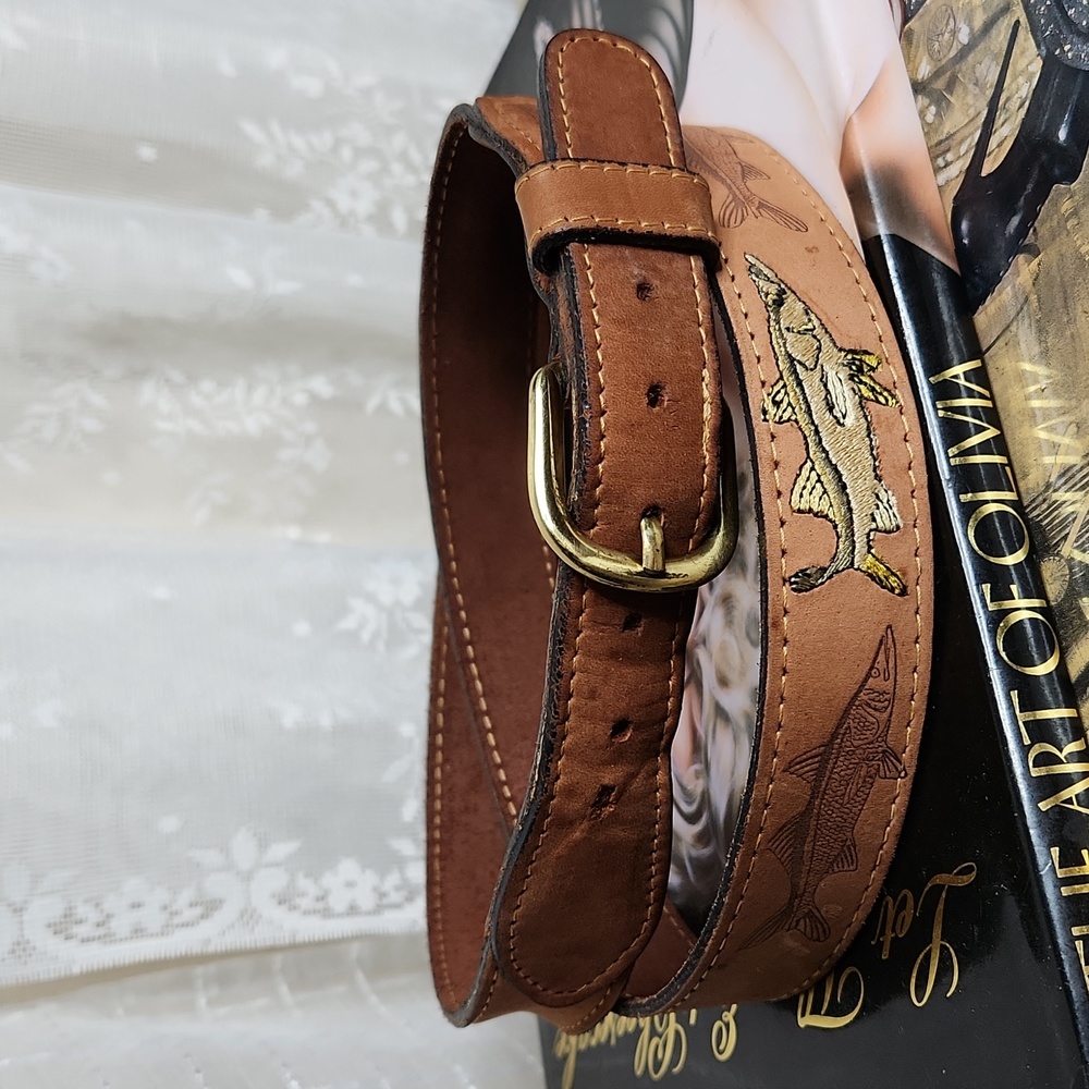 Brown Leather Fish Embossed & Embroidered Leather Belt W/ Solid Brass Buckle 42